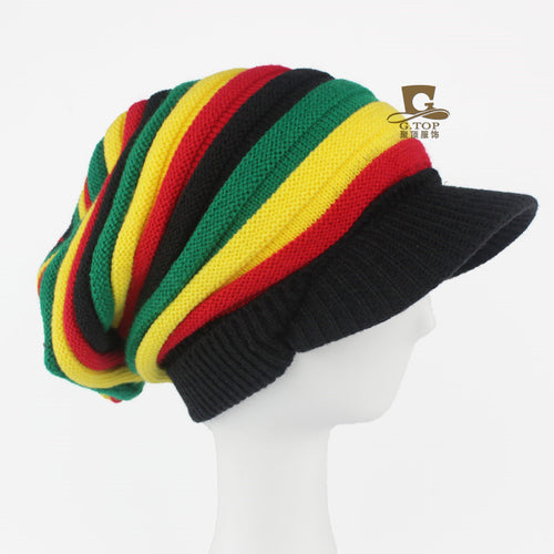 Jamaican Rasta Cap Stripe Slouchy Visor Knitted Beanie Hat Skullies